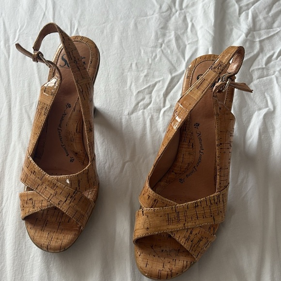 Sofft Portia Platform Sandals Womens 8M Natural Laminated Cork Criss Cross - Picture 3 of 8
